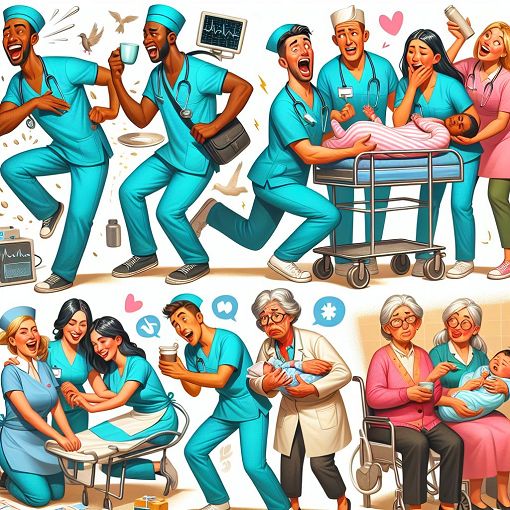 A colorful and vibrant illustration showing a group of nursing assistants in various humorous and supportive scenarios, highlighting teamwork and camaraderie in a healthcare setting.