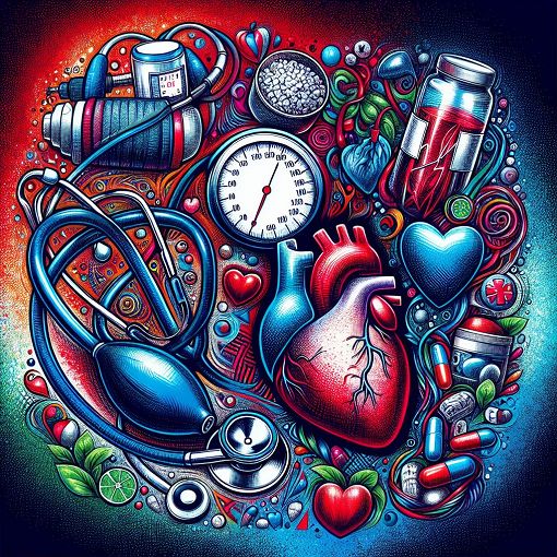 A visually striking representation of hypertension awareness, featuring medical elements such as a blood pressure monitor, heart, and healthy lifestyle symbols in a vibrant color scheme.