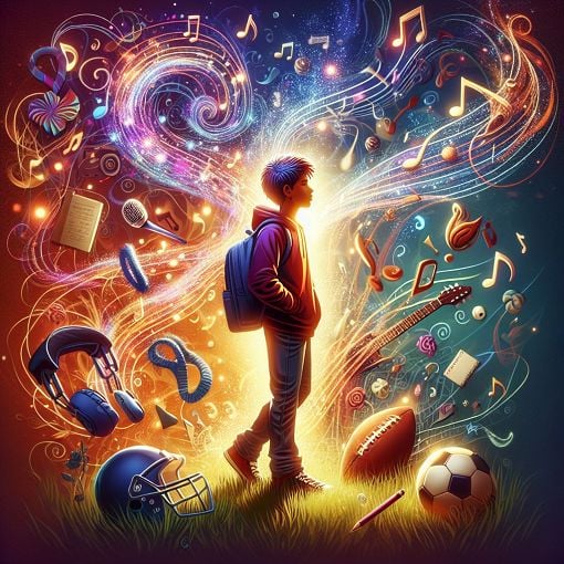 A vibrant and engaging illustration featuring a young person surrounded by music notes, football gear, and personal mementos, representing friendship and fun.