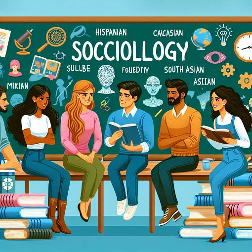 Create an image of a diverse group of students discussing sociology, surrounded by books on culture and society, in a classroom setting, with a chalkboard displaying sociological terms.