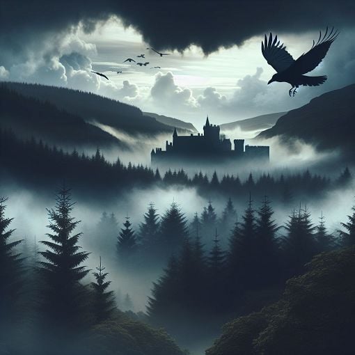 A dramatic and moody illustration of Macbeth's Scotland, featuring a misty forest, a raven flying ominously above a castle, hinting at themes of ambition and fate.