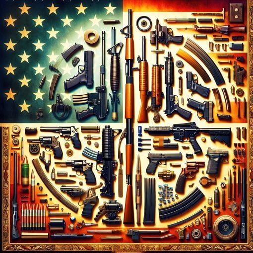 A conceptual image depicting various firearms with an American flag backdrop, symbolizing gun culture in the United States.