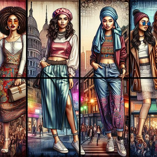 Create an image of a stylish woman in various fashionable outfits standing in a trendy urban setting, showcasing different fashion styles and accessories, vibrant colors, casual and chic vibes.