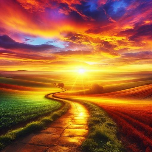 A peaceful landscape with a vibrant sunrise, symbolizing growth and abundance, featuring a path that leads into the horizon.