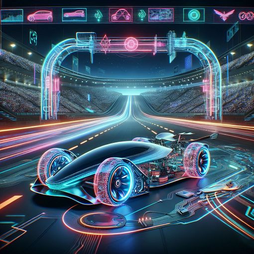 Create a detailed and immersive illustration of a futuristic electric vehicle in a dynamic racing environment, showcasing elements of engineering design, and with an emphasis on technology and innovation.