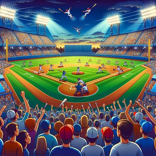 A vibrant scene of a baseball stadium filled with fans, Kansas City Royals and Chicago White Sox players competing, action shots of batting, cheering crowd, and bright stadium lights under a clear sky.