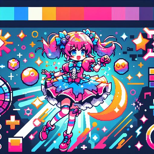 A colorful and vibrant illustration of a magical girl character, inspired by Echorin, with anime-style features, surrounded by video game and anime elements, cheerful and dynamic atmosphere