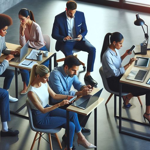 A modern office environment with diverse individuals engaging with various technology devices, including smartphones, tablets, and laptops, showcasing teamwork and digital communication.