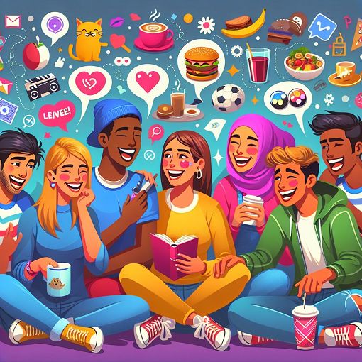 A vibrant and playful cartoon illustration showing diverse teenagers interacting in a fun environment, surrounded by fun icons representing cats, sports, coffee, food, and movies, to convey friendship and connection.