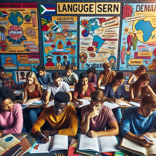 A vibrant classroom setting with Afrikaans language posters on the walls and students engaging in a lively study session.