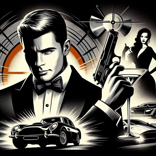 A dramatic and stylish illustration of James Bond in a tuxedo, holding a martini, with iconic Bond elements like the Aston Martin, a beautiful Bond girl, and the famous gun barrel theme shot in a cinematic style.