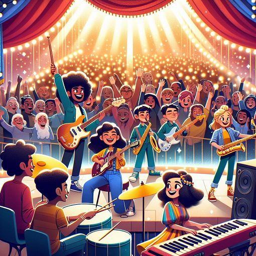 A vibrant and colorful fanfare scene from an anime, featuring characters playing various musical instruments, set in a high school environment with cheering fans and a stage in the background.