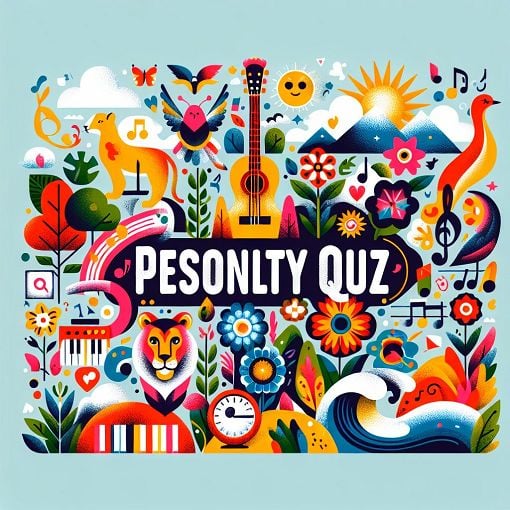 Create an illustration of a vibrant and colorful personality quiz, featuring playful elements like animals, nature, and music symbols, in a fun and engaging way.