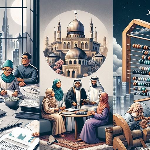 An informative and engaging image representing Islamic financial services and microfinance, featuring symbols of community support, family economics, and traditional financial practices in a modern context.