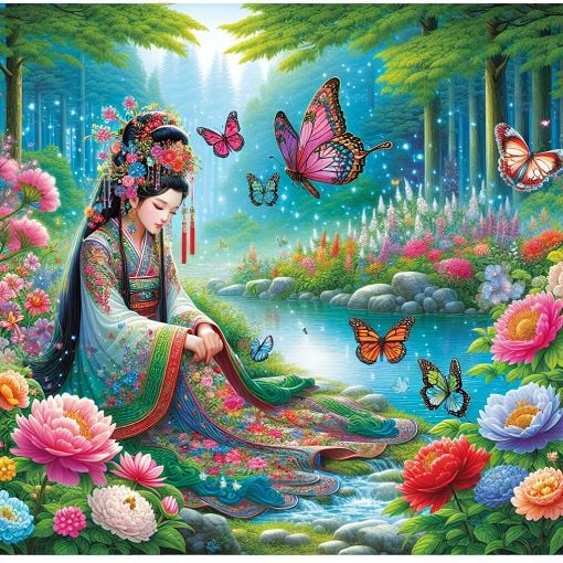 A whimsical illustration of a princess in a colorful forest filled with flowers, butterflies, and a sparkling pond, in a fairytale style