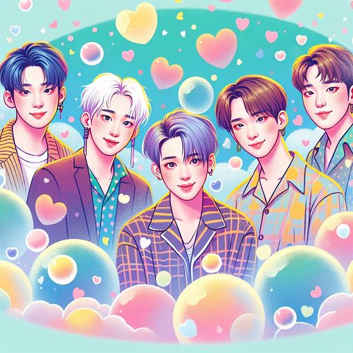 A vibrant, colorful illustration of the members of TXT in a fun, romantic setting, surrounded by bubbles and hearts, with a whimsical background that reflects their youthful energy.