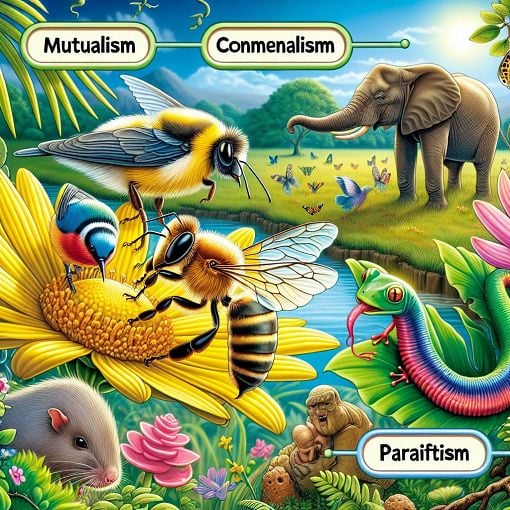 Create an educational illustration showcasing various animal interactions in an ecosystem, featuring animals involved in mutualism, commensalism, and parasitism. Use vibrant colors and clear imagery to enhance understanding.