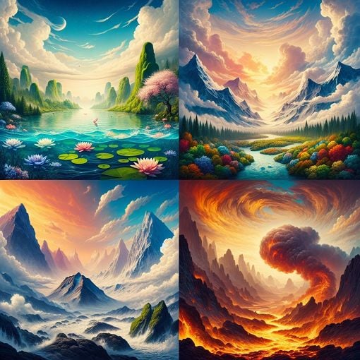 A vibrant and enchanting landscape illustrating the four Avatar Nations: a tranquil water scene, a breezy air landscape, a rugged earth setting, and a fiery backdrop, all harmoniously blended.