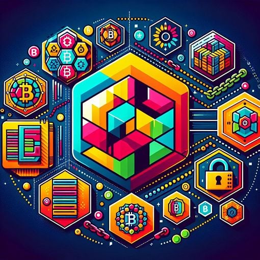 A colorful infographic representing cryptocurrency, focusing on HEX, with visuals of blockchain technology and staking.