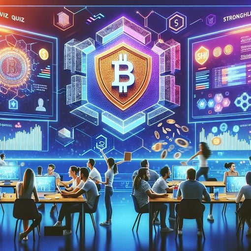 Create an image of a vibrant quiz night scene, featuring people discussing cryptocurrency topics, with elements representing the Stronghold brand and SHx token in a digital style.