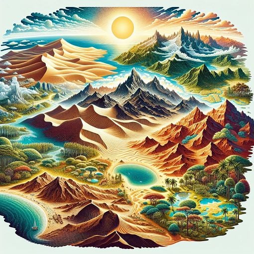 A vibrant illustration of deserts, islands, and various landforms showcasing the diversity of Earth's geography