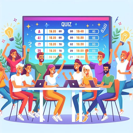 A colorful and engaging illustration showing a quiz atmosphere, with people participating in a fun quiz competitively at a digital screen, lighthearted and energetic vibe.