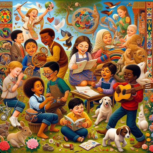 A vibrant illustration depicting a friendly and diverse group of children engaged in various activities like arts and crafts, gardening, and playing games, surrounded by symbols representing different personality traits and animals, in a joyful and colorful setting.