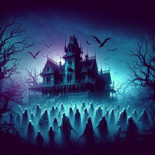 A spooky, atmospheric digital art piece of a haunted house with various types of ghosts. The scene should convey a sense of mystery and intrigue, with a cold color palette featuring blues and purples.