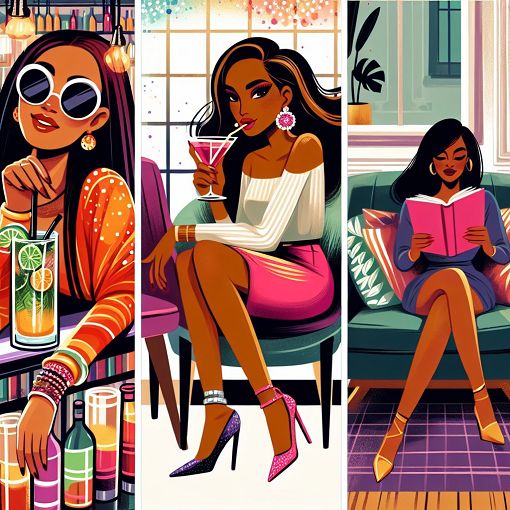 A vibrant, colorful illustration of confident women being fabulous in various settings, like a bar and a cozy living room, embodying different personalities and styles.