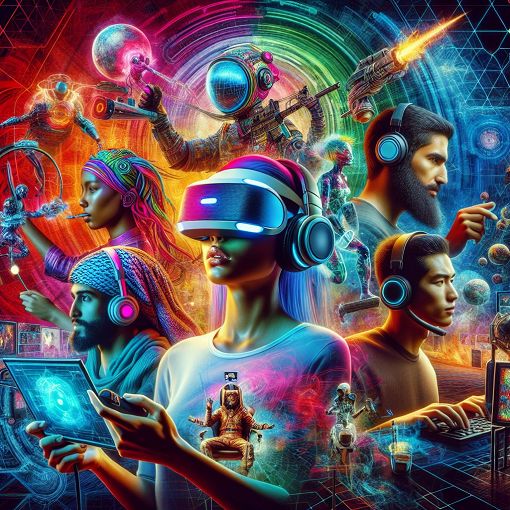 A vibrant illustration depicting a fictional dystopian world with gamers interacting in a virtual space, showcasing diverse characters and technology elements, focused on online gaming culture.