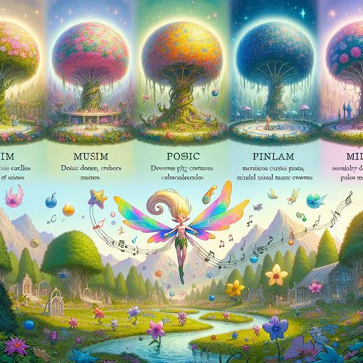 A whimsical fantasy landscape featuring six distinct realms representing different Pixie personalities, with vibrant colors and enchanting elements like flowers, music notes, and playful creatures 