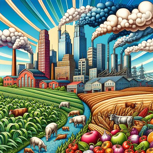 A vibrant and educational illustration showing the interdependence between city and countryside, featuring crops, livestock, and urban elements like buildings and factories.