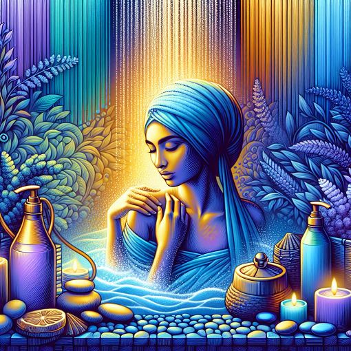 Create a colorful and calming illustration depicting a person in a serene shower environment, surrounded by various scents, colors, and natural elements, evoking relaxation and joy.