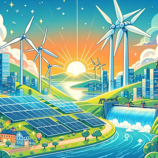 A vibrant illustration of renewable energy sources like wind turbines and solar panels, with a backdrop of a city using electrical energy and a river hinting hydroelectric power, in a bright and hopeful style.