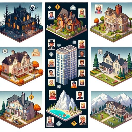 A colorful illustration depicting various neighborhoods from The Sims 2, including a haunted manor, a cozy family cottage, a luxurious penthouse, and a serene mountain village, with Sims-style characters interacting in each setting.