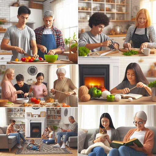 Create an image that visually represents family relationships and daily routines, showing diverse people engaging in everyday activities like cooking, cleaning, or spending time with loved ones in a bright, inviting home setting.