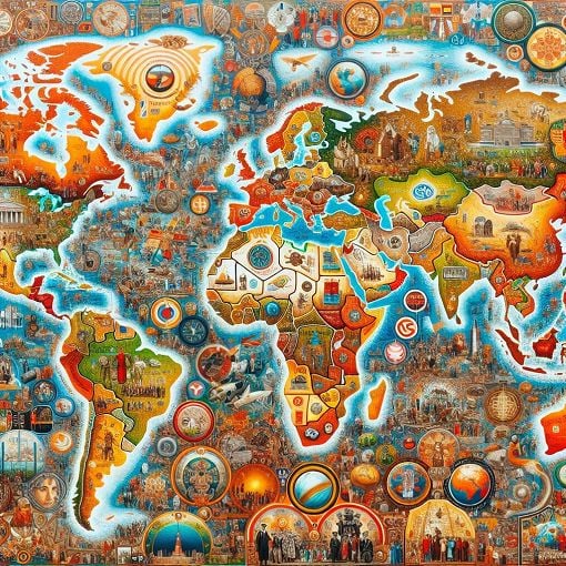 A vibrant world map highlighting key historical dates and events with icons representing different countries and notable incidents.