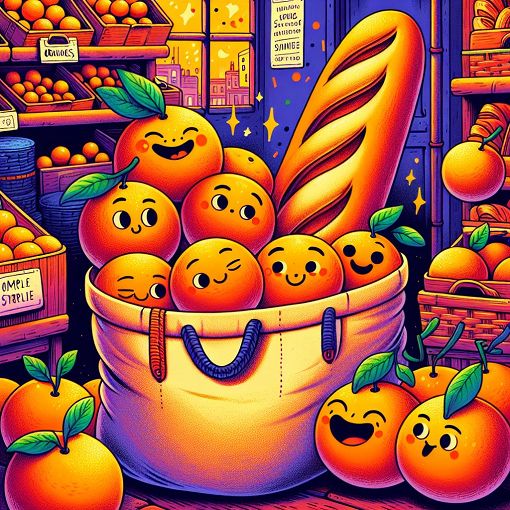 A whimsical illustration of a bag of loose oranges and a French baguette, each with expressive faces, set in a vibrant, playful backdrop of a thrift shop filled with eclectic items.