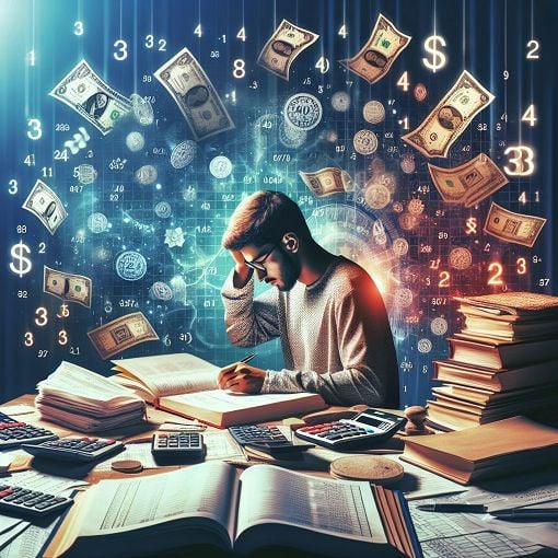 A vibrant and educational illustration of accounting concepts, like balance sheets, ledger books, and calculators, with a student studying at a desk surrounded by financial documents.