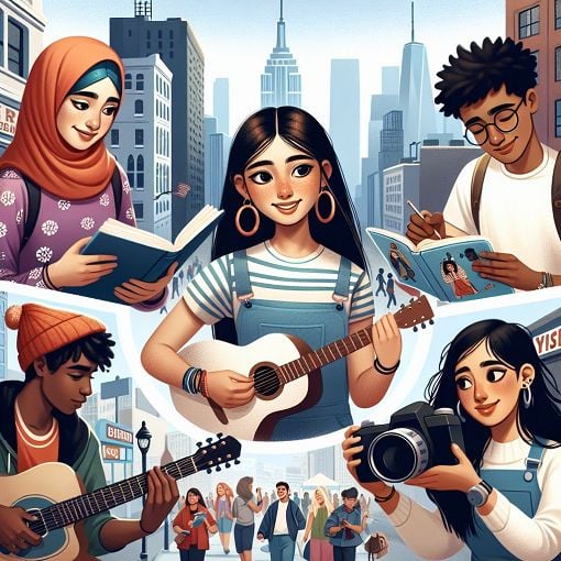 Create an illustration of a group of diverse teenagers in a vibrant city setting, engaging in activities together, conveying themes of friendship and emotional exploration.