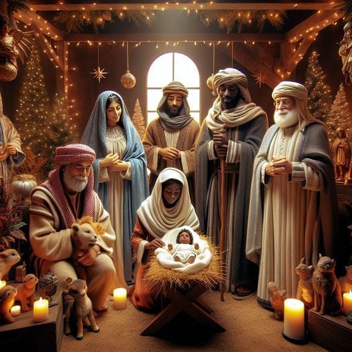 An enchanting and festive illustration of a nativity scene with various characters in a cozy, warm setting during Christmas, including Mary, Joseph, baby Jesus, and the Three Wise Men, all surrounded by glowing lights and decorations.