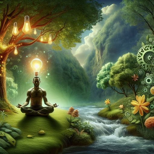 Generate an image of a serene mind landscape with a tranquil person meditating, surrounded by nature and symbols of creativity like lightbulbs and gears.