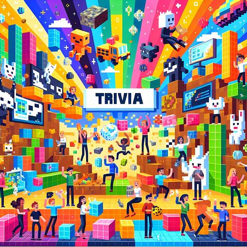 Create an illustration of a vibrant Minecraft-themed quiz with various gaming elements, showcasing players having fun and interacting in a colorful virtual world.