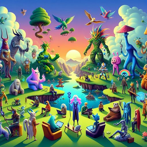 A colorful and whimsical digital illustration of various Megawalls characters in a fantasy setting, with contrasting personalities and styles, alluding to an online gaming community atmosphere.