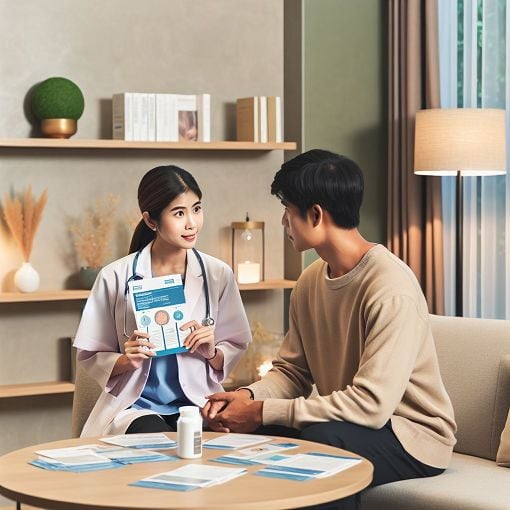 A modern healthcare professional discussing treatment options with a patient in a warm, inviting clinic setting with shared decision-making materials visible.