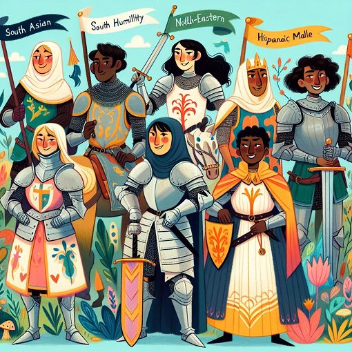 A whimsical illustration of various knight characters, each embodying different personalities and traits, set in a fantasy landscape with bright colors.