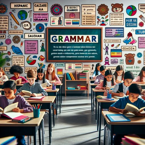 A colorful classroom setting with students engaged in a grammar lesson, featuring grammar books and posters on the wall.