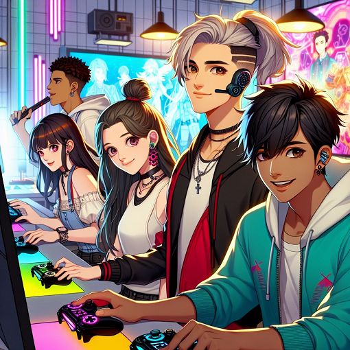 An illustrated scene of characters resembling anime-styled cool kids hanging out in a colorful gaming environment, with vibrant backgrounds and playful expressions.