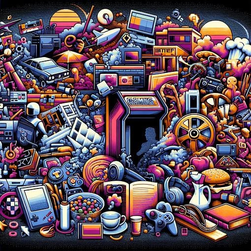 A colorful and whimsical illustration featuring elements related to gaming, personal interests, and a hint of mystery, inviting viewers to explore a quiz about someone's life and favorites.