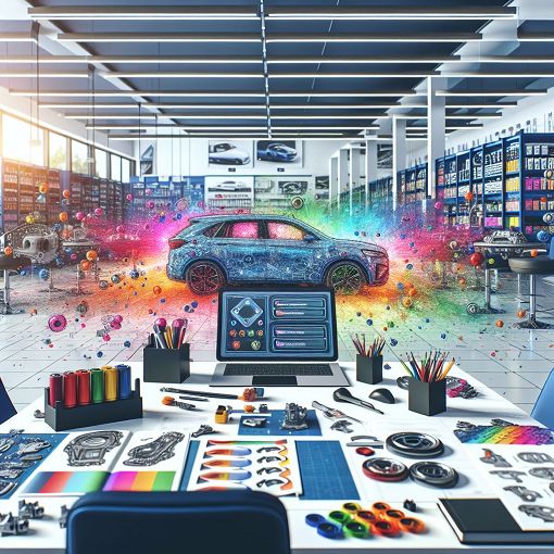 A modern car parts dealership interior with training materials on a desk, surrounded by various car parts, and a computer showing a quiz interface, bright and engaging colors